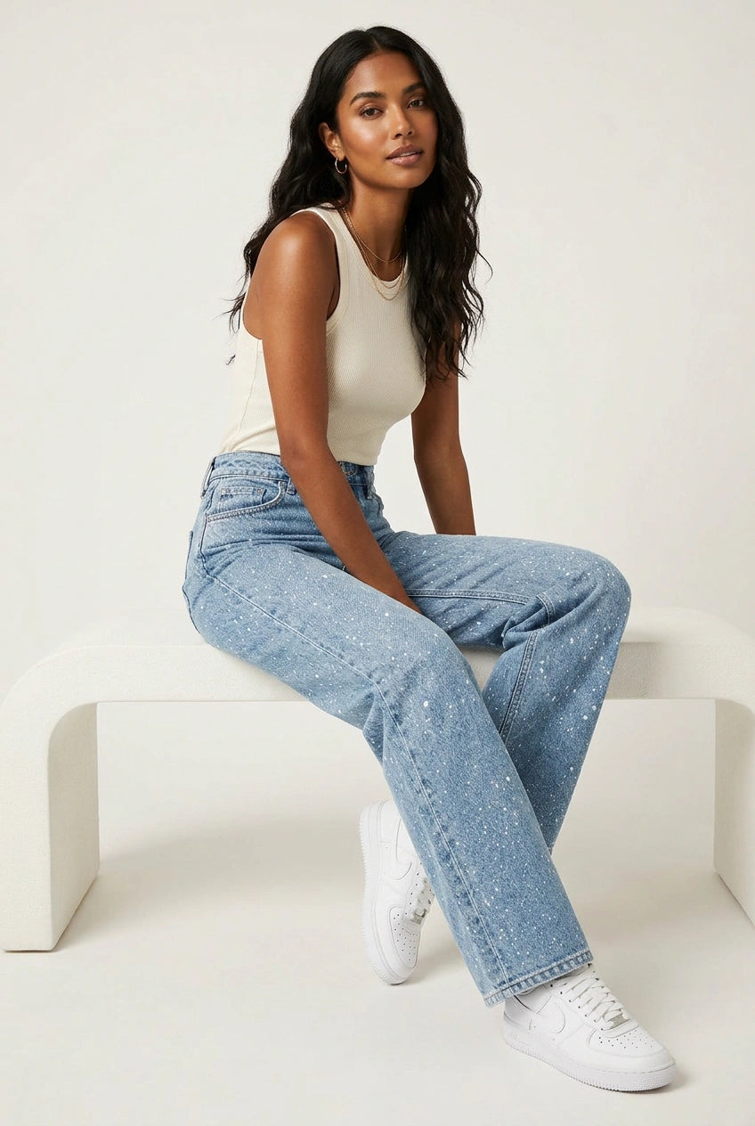 Women's Stylish Glitter High Waist Straight Leg Jeans