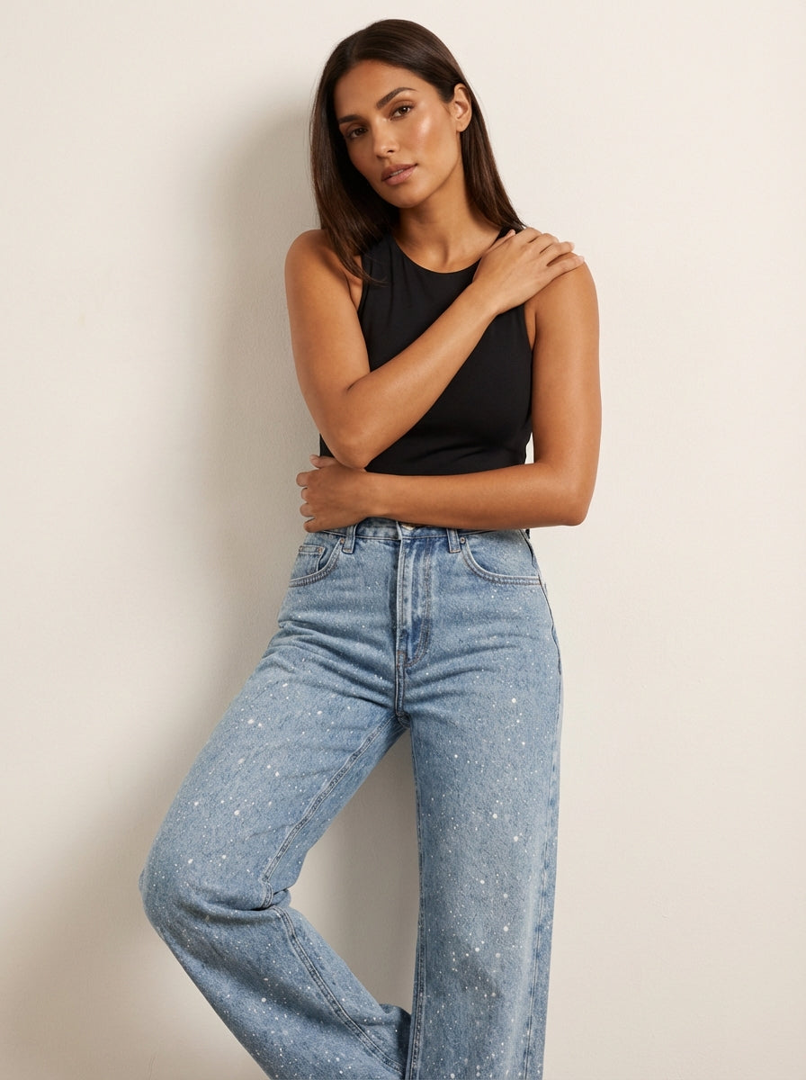 Women's Stylish Glitter High Waist Straight Leg Jeans