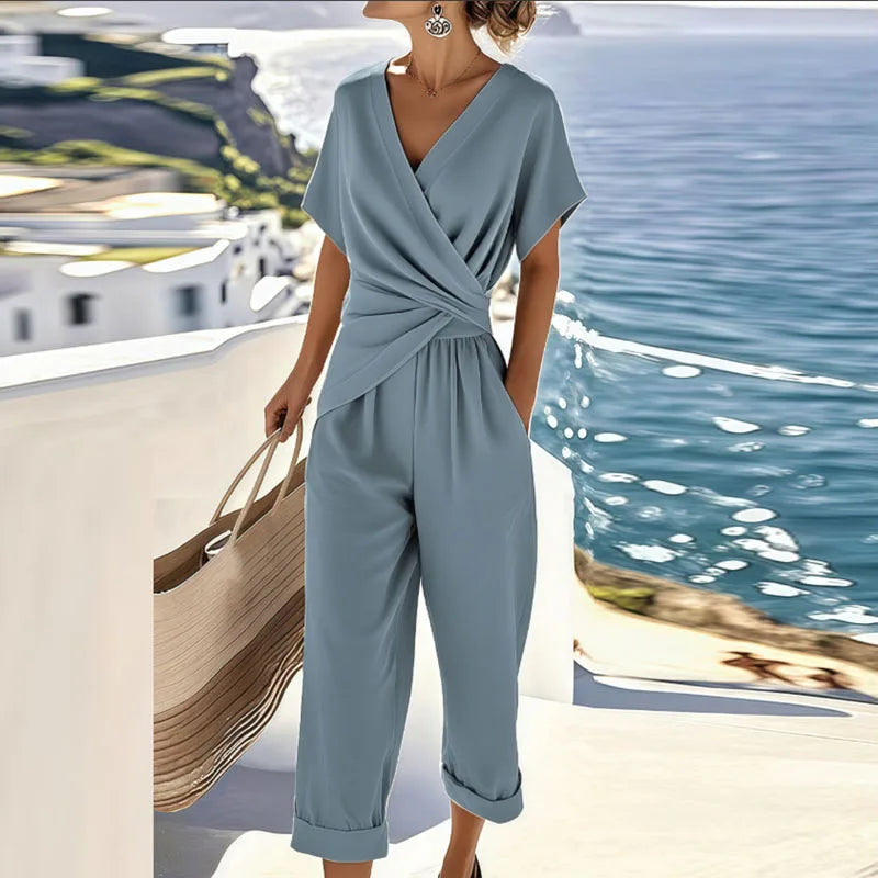 Women's Elegant Wrap Front Top and Tailored Trousers Set