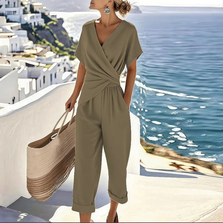 Women's Elegant Wrap Front Top and Tailored Trousers Set