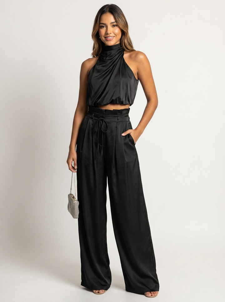 Women's Elegant Satin Halter Top and Wide Leg Trousers Set