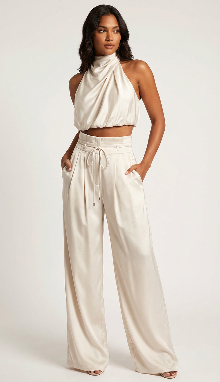 Women's Elegant Satin Halter Top and Wide Leg Trousers Set