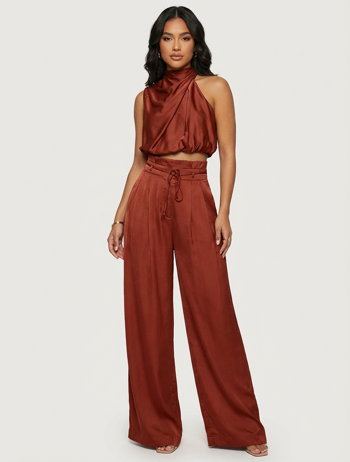 Women's Elegant Satin Halter Top and Wide Leg Trousers Set