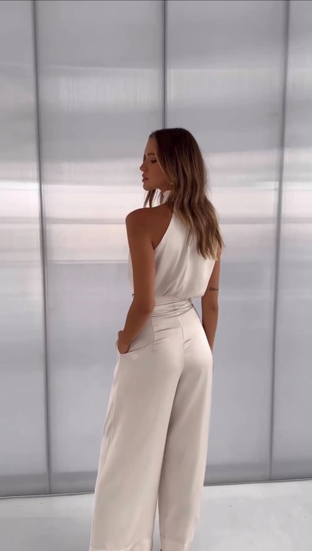 Women's Elegant Satin Halter Top and Wide Leg Trousers Set