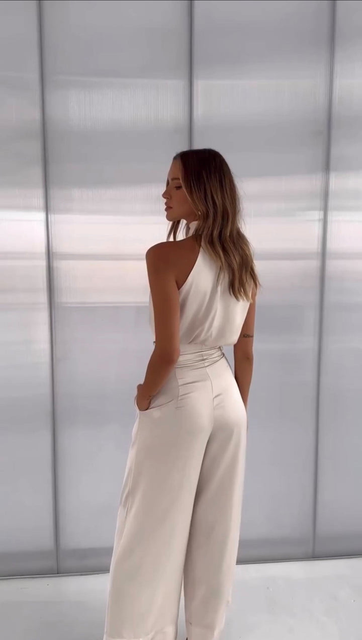 Women's Elegant Satin Halter Top and Wide Leg Trousers Set