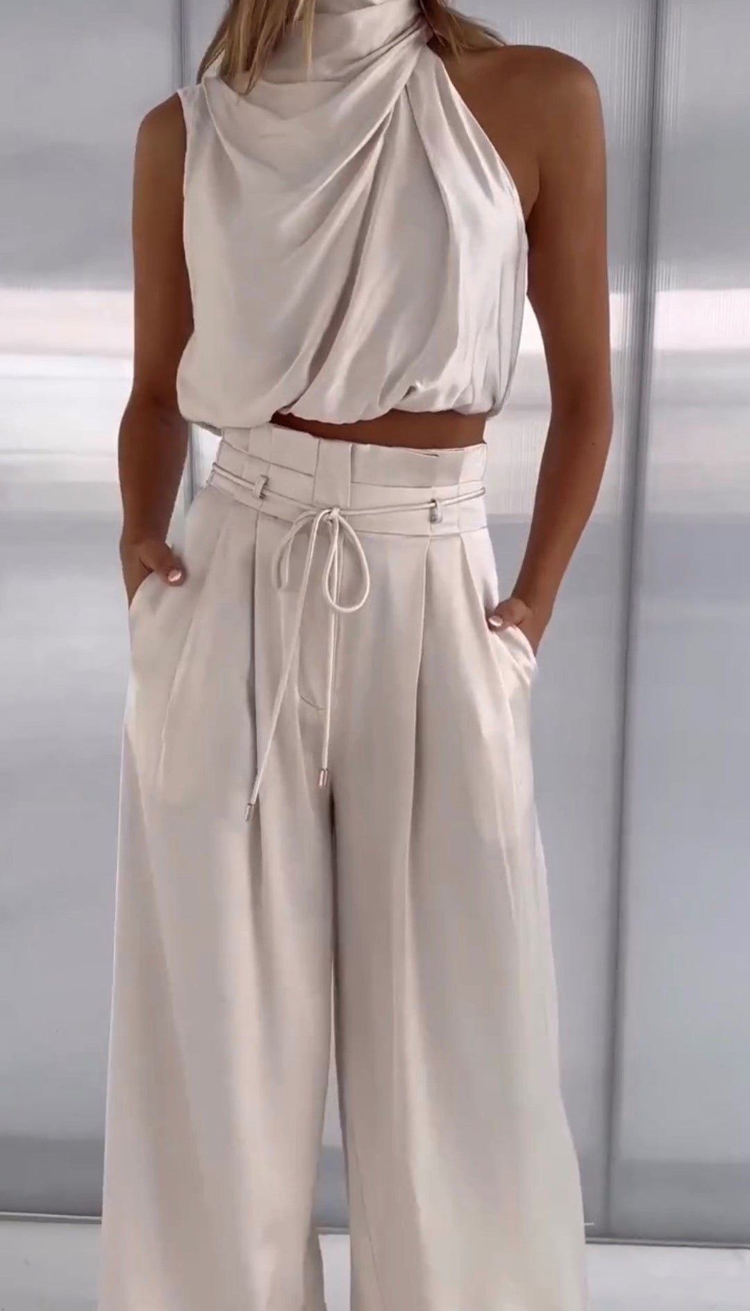 Women's Elegant Satin Halter Top and Wide Leg Trousers Set