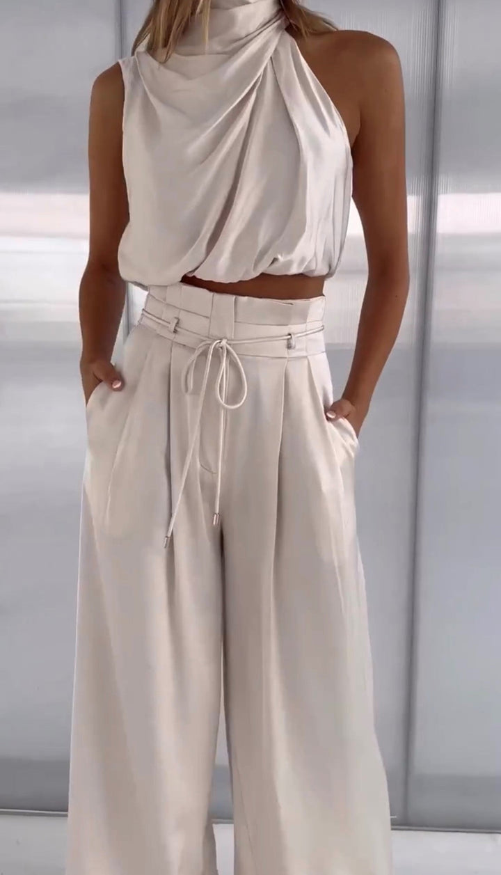 Women's Elegant Satin Halter Top and Wide Leg Trousers Set