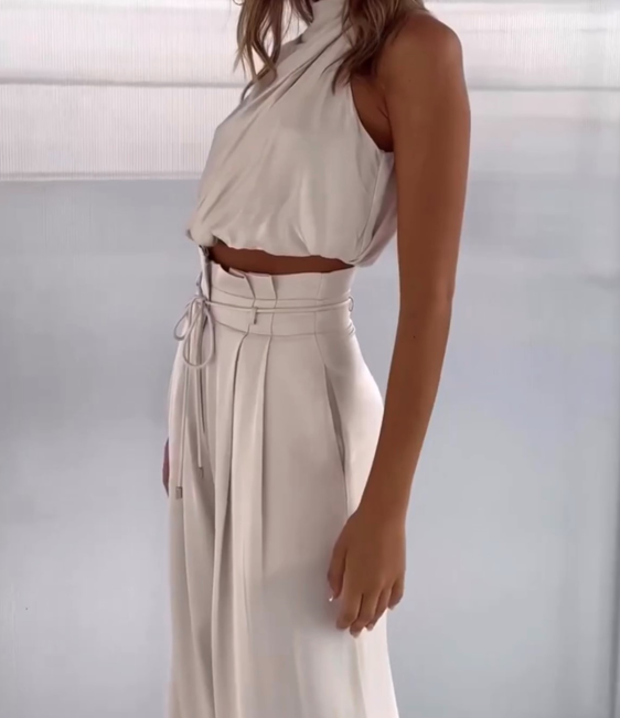 Women's Elegant Satin Halter Top and Wide Leg Trousers Set