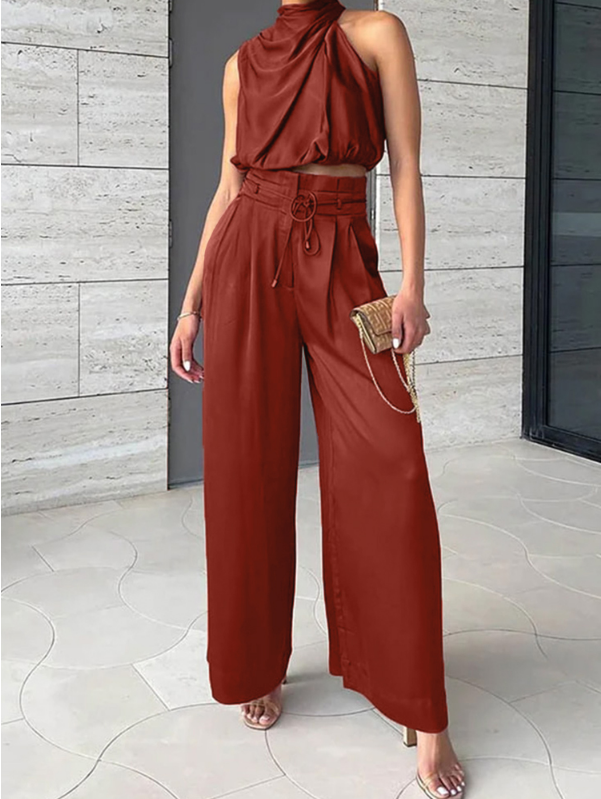 Women's Elegant Satin Halter Top and Wide Leg Trousers Set
