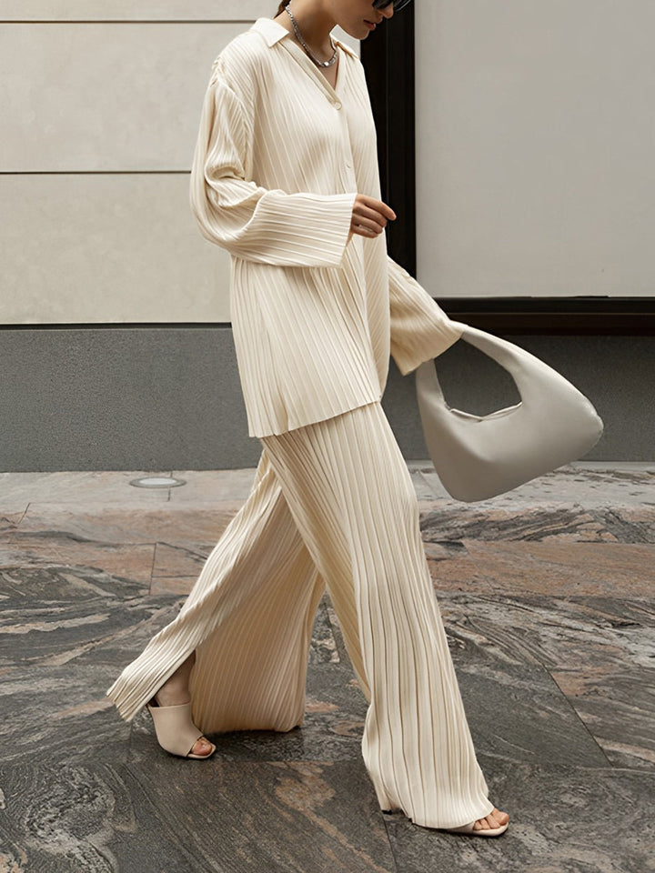 Women's Stylish Pleated Shirt and Wide Leg Trousers Set