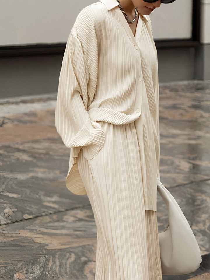 Women's Stylish Pleated Shirt and Wide Leg Trousers Set
