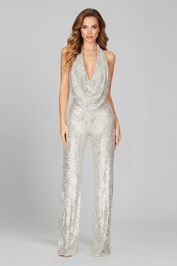 Women's Elegant Sequin Cowl Neck Wide Leg Jumpsuit
