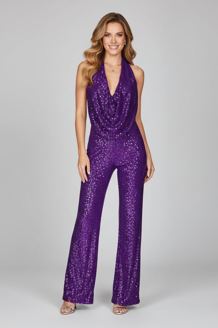 Women's Elegant Sequin Cowl Neck Wide Leg Jumpsuit