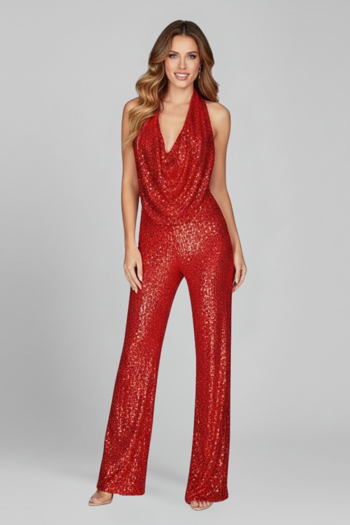 Women's Elegant Sequin Cowl Neck Wide Leg Jumpsuit