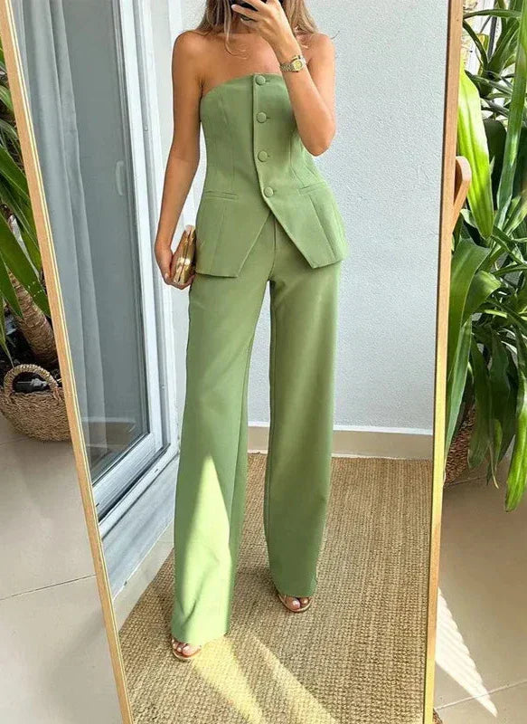 Women's Sophisticated Strapless Waistcoat and Wide Leg Trousers Set