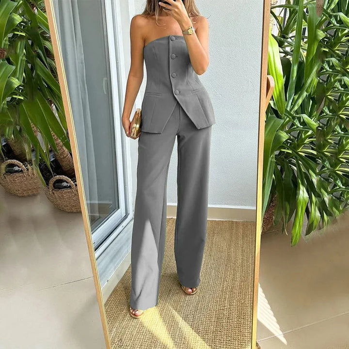 Women's Sophisticated Strapless Waistcoat and Wide Leg Trousers Set