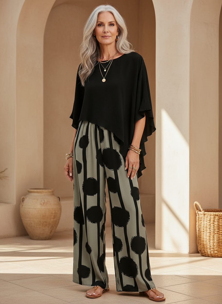 Women's Elegant Asymmetrical Top and Wide Leg Pants Set