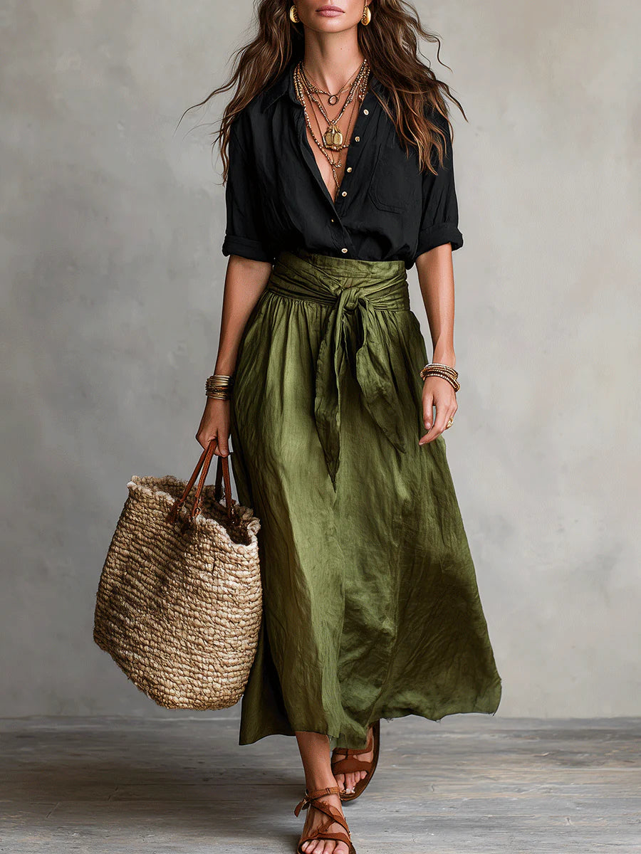 Women's Chic Top and High Waisted Midi Skirt Set