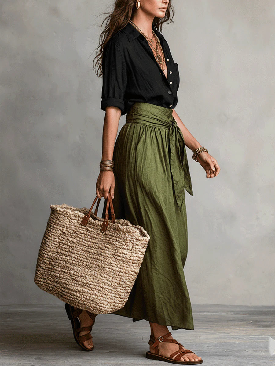 Women's Chic Top and High Waisted Midi Skirt Set