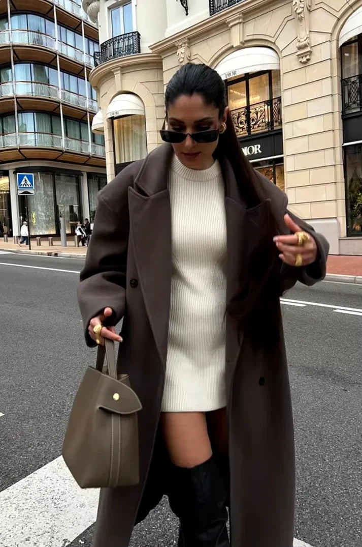 Women's Long Wool Blend Coat – Oversized Double Breasted Winter Overcoat