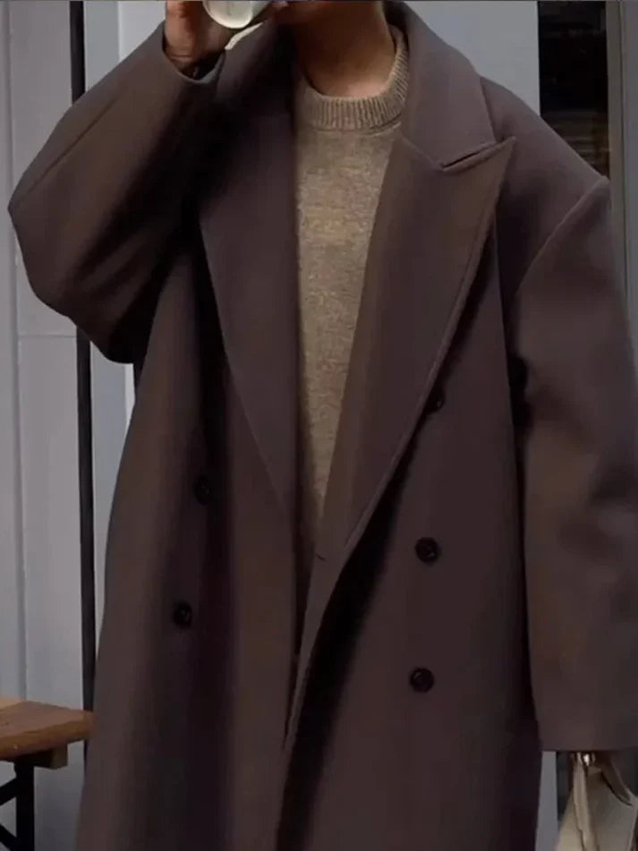 Women's Long Wool Blend Coat – Oversized Double Breasted Winter Overcoat