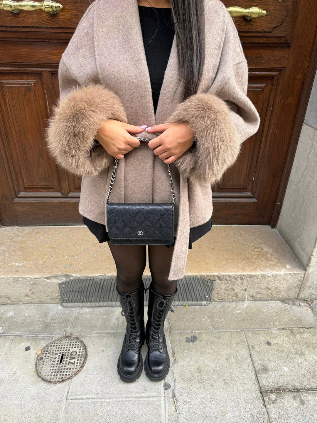 Women's Fur Cuff Wrap Coat – Elegant Belted Poncho Winter Jacket