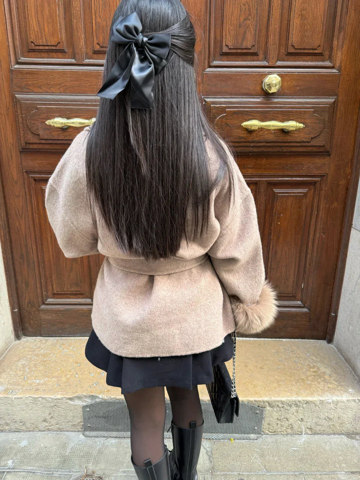 Women's Fur Cuff Wrap Coat – Elegant Belted Poncho Winter Jacket