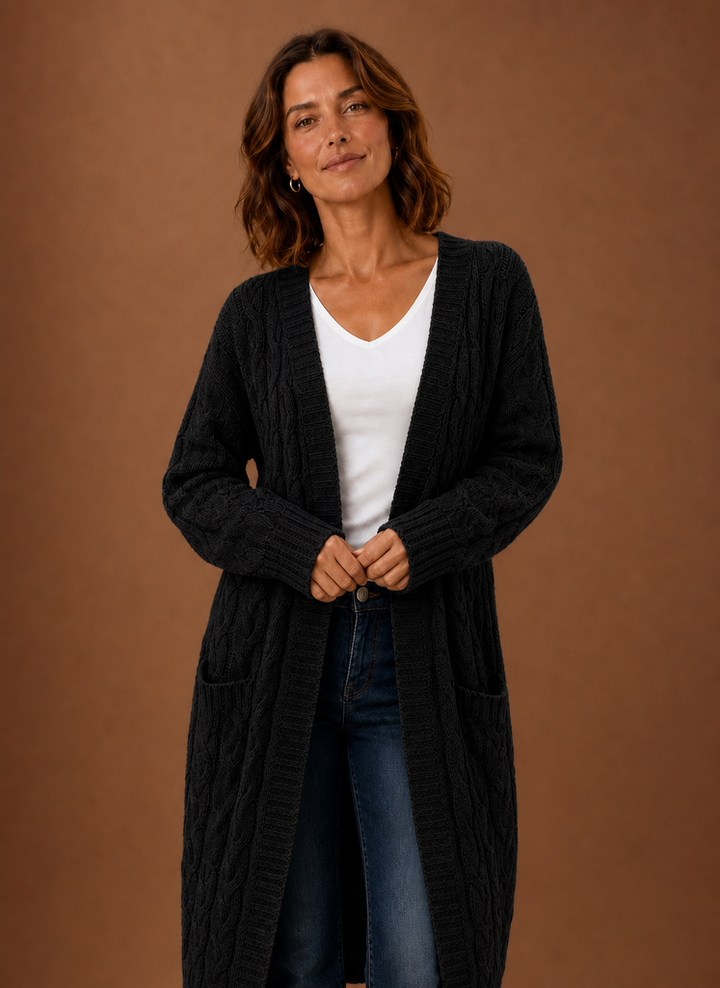 Women's Hooded Long Cable Knit Cardigan