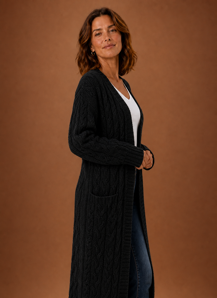 Women's Hooded Long Cable Knit Cardigan