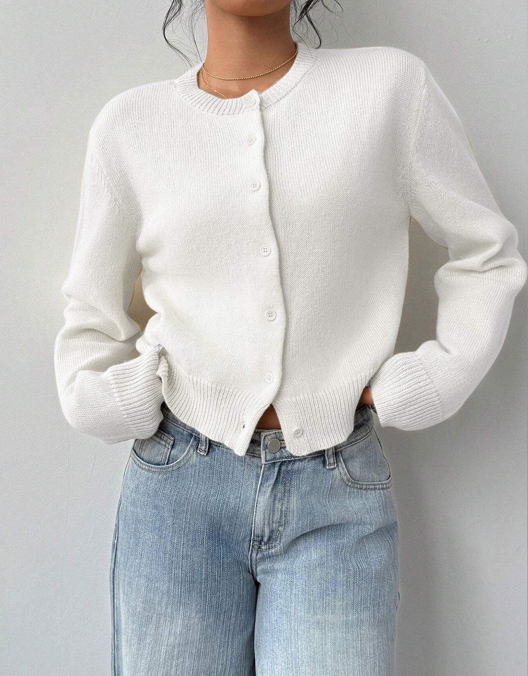 Women's Cropped Round Neck Knit Button Front Cardigan