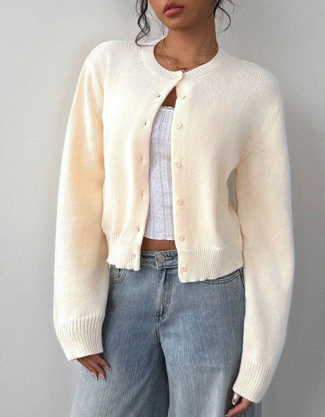 Women's Cropped Round Neck Knit Button Front Cardigan