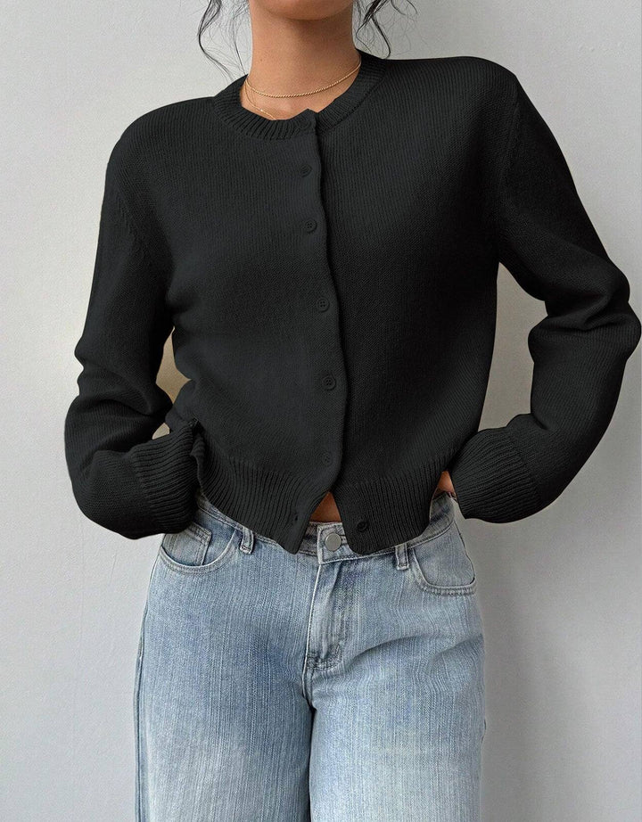 Women's Cropped Round Neck Knit Button Front Cardigan