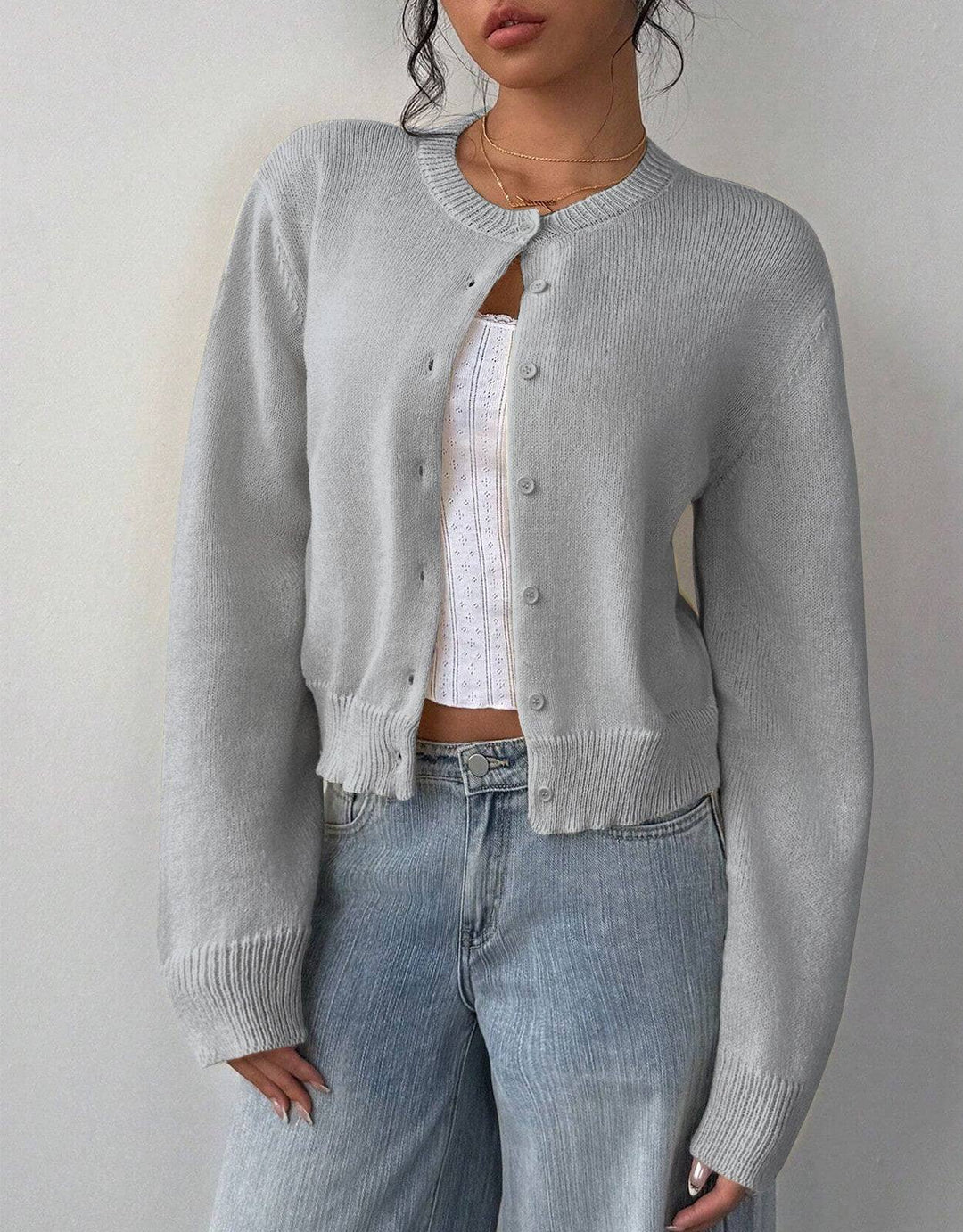 Women's Cropped Round Neck Knit Button Front Cardigan