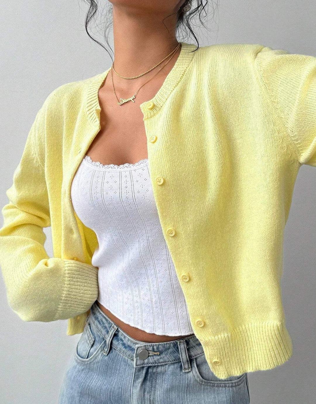 Women's Cropped Round Neck Knit Button Front Cardigan
