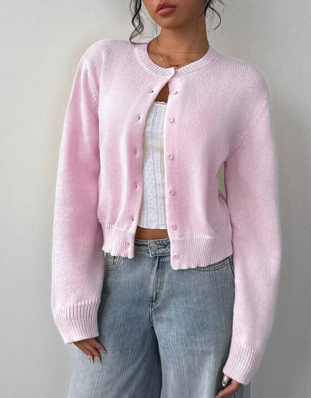 Women's Cropped Round Neck Knit Button Front Cardigan