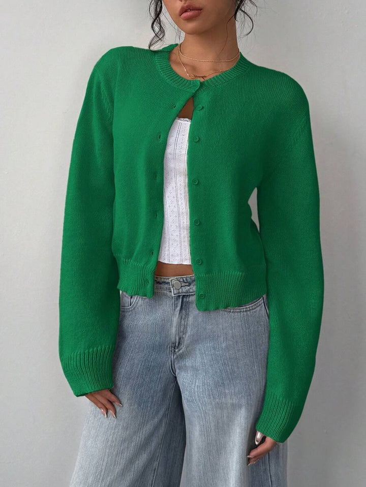Women's Cropped Round Neck Button Front Cardigan