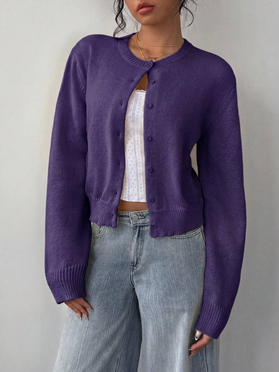Women's Cropped Round Neck Button Front Cardigan