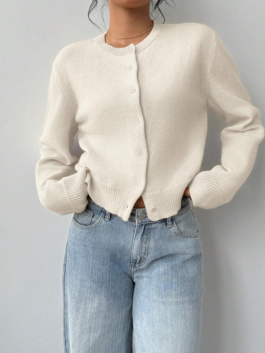 Women's Cropped Round Neck Button Front Cardigan