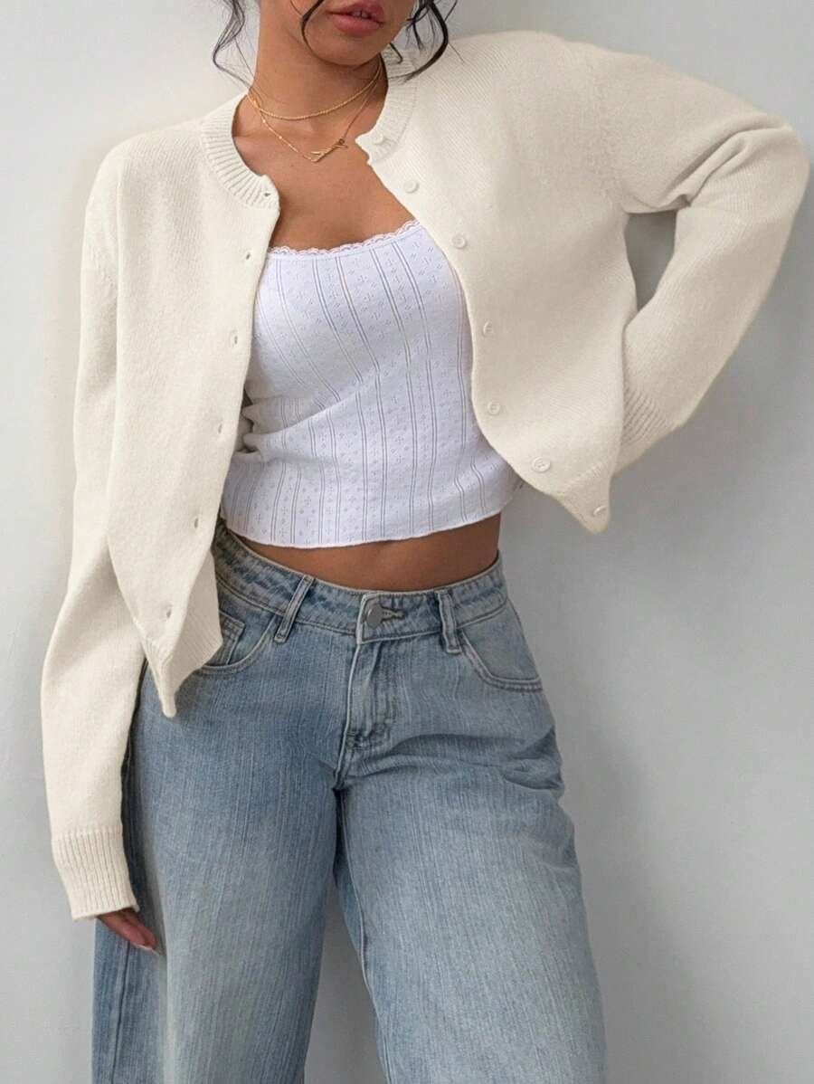 Women's Cropped Round Neck Button Front Cardigan