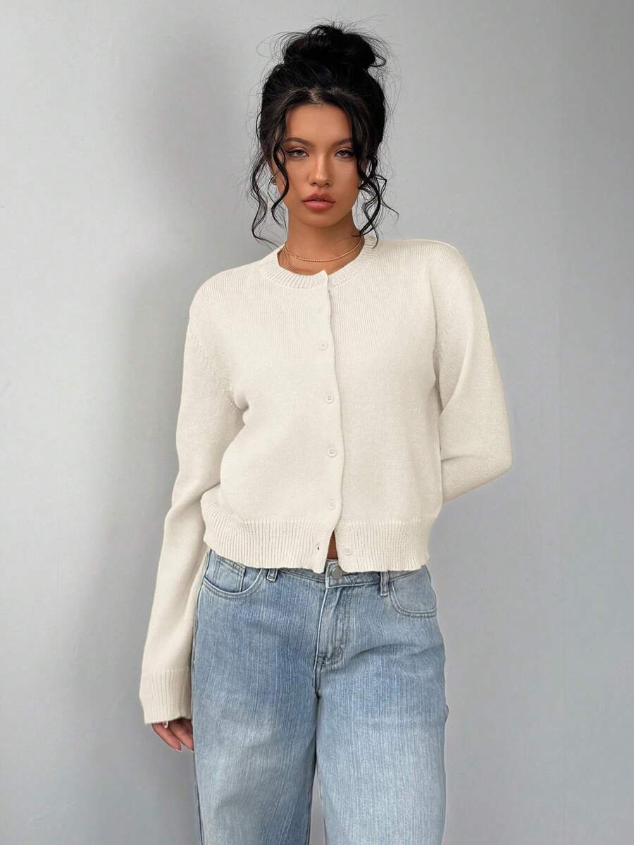 Women's Cropped Round Neck Button Front Cardigan