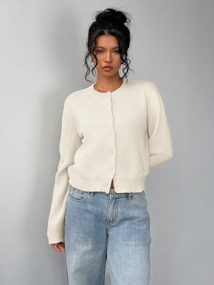 Women's Cropped Round Neck Button Front Cardigan