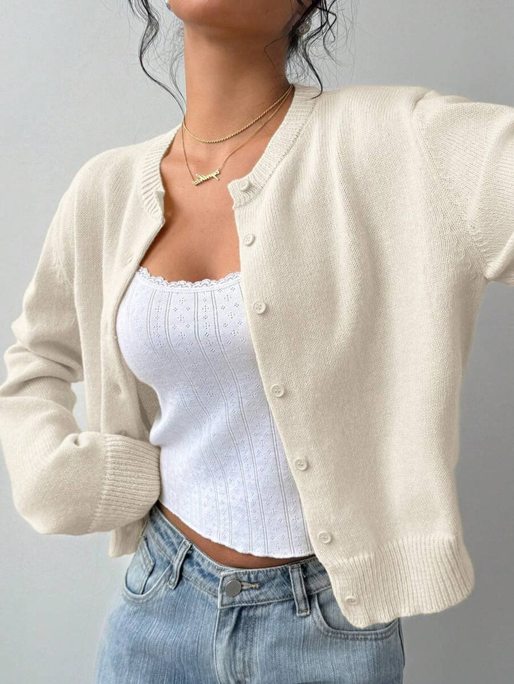 Women's Cropped Round Neck Button Front Cardigan