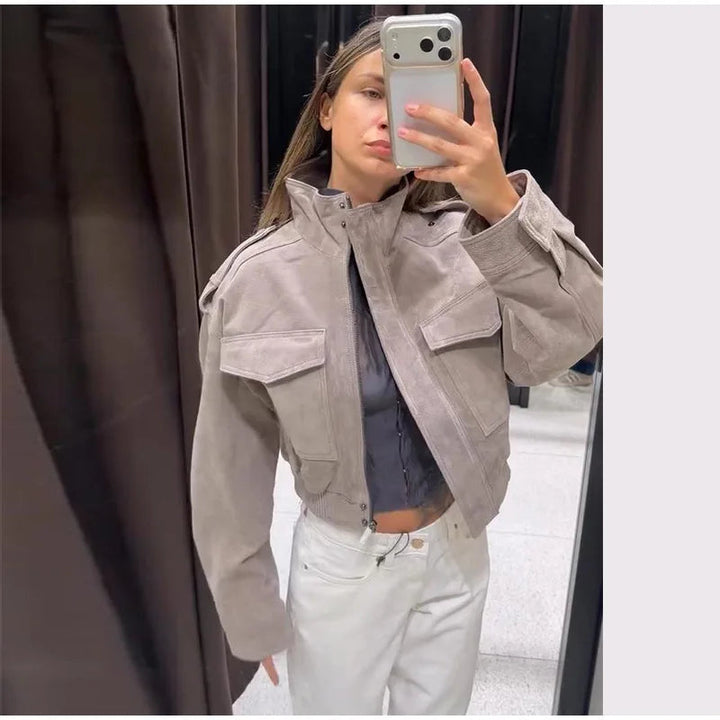 Women's Gray Suede Bomber, Short Length