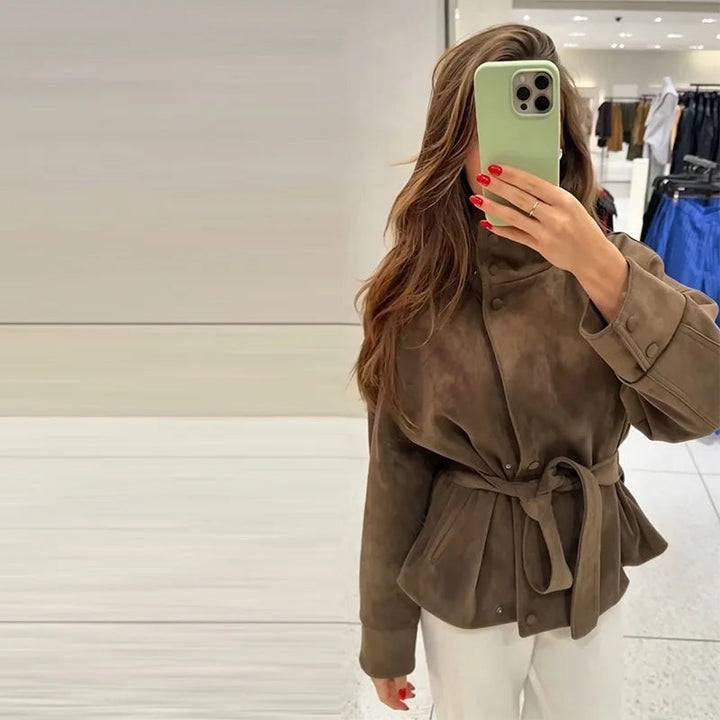 Women's Belted Suede High Collar Jacket — Brown