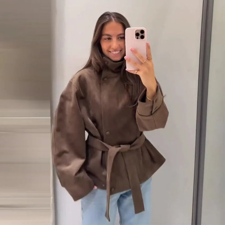 Women's Brown Suede Jacket with Tie Belt
