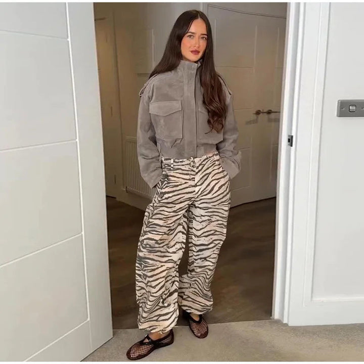 Women's Cropped Suede Bomber Jacket — Gray
