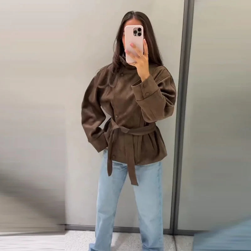 Women's Brown Suede Jacket with Tie Belt