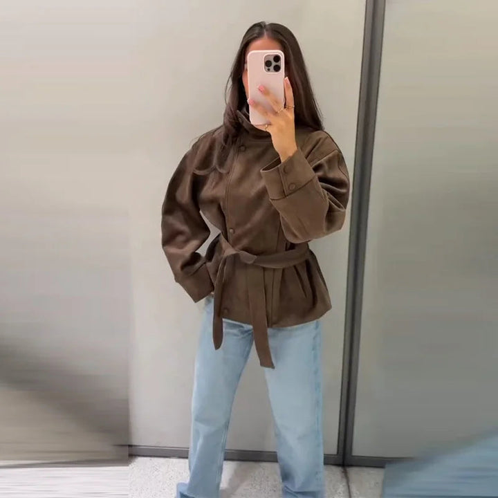 Women's Belted Suede High Collar Jacket — Brown