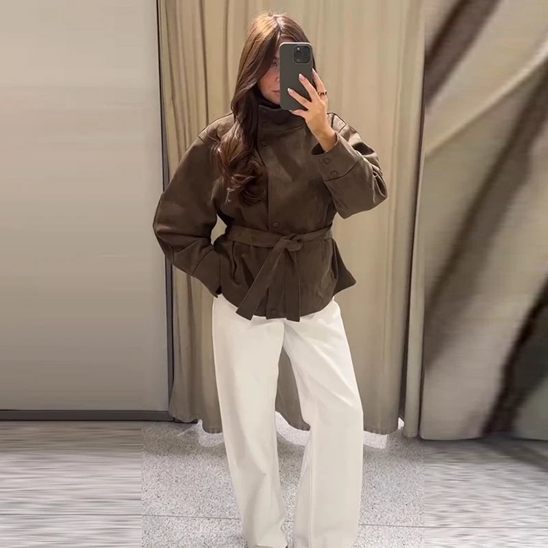 Women's Belted Suede High Collar Jacket — Brown