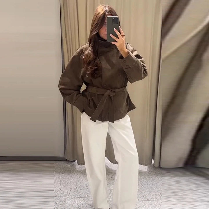 Women's Brown Suede Jacket with Tie Belt